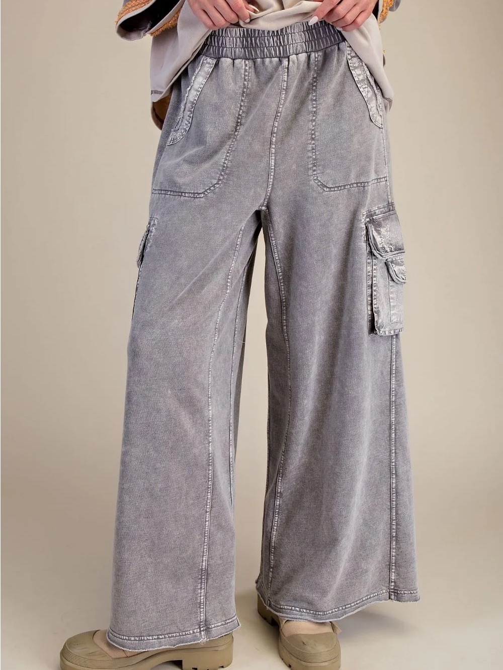 Easel Mineral Wash Wide Leg Flowy Boho Cargo Sweatpants Pants Women’s S Gray